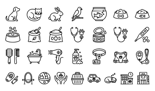 Pet care line icons set veterinary grooming and animal wellness