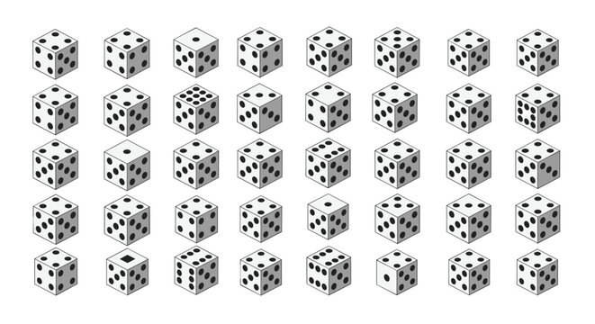 Comprehensive collection of grey isometric game dice showing all possible dot combinations on a white background.