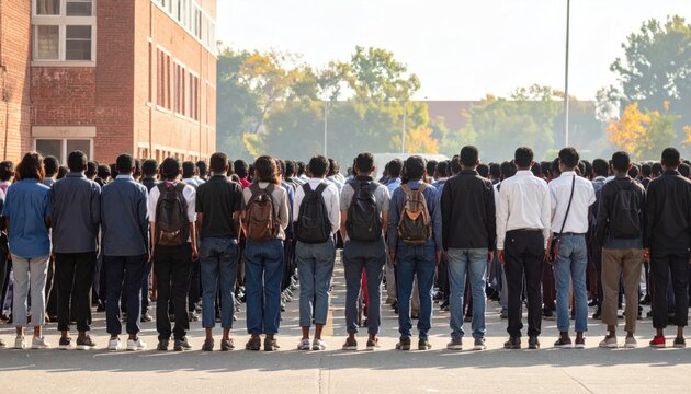 Diverse group of students lined up outdoors, facing away from camera, with school building in background