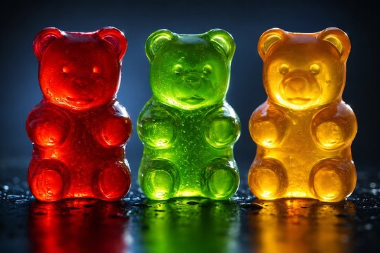 Vibrant Trio of Translucent Gummy Bears Illuminated from Within Showcasing Rich Jewel Tones and Playful Childhood Nostalgia Perfect for Sweet Confections and Joyful Celebrations. translucent food subs