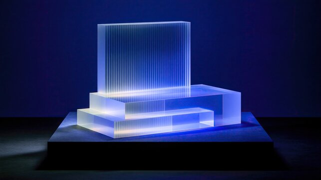 Step shaped stacked transparent ribbed glass product display podium against dark blue background created for luxury cosmetic product showcase