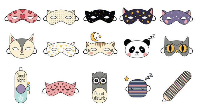 Collection of cute sleeping masks and accessories featuring funny animal designs like panda, cat, owl, and stars.