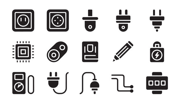 Collection of electrical power plugs sockets and electronic circuit icons in solid style.