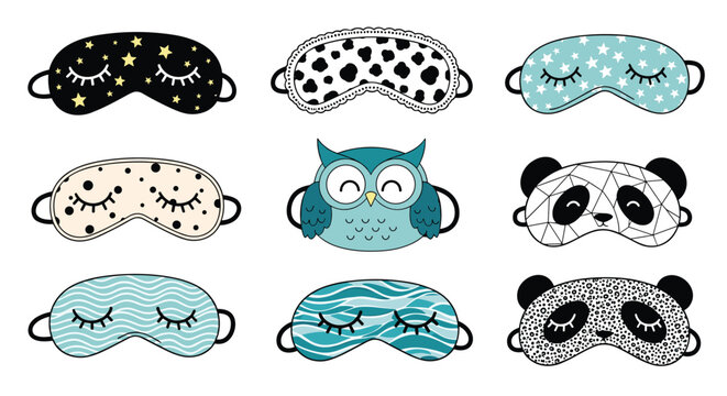 Big collection of cute sleep masks featuring adorable designs like black starry night sky, panda, and cow print.