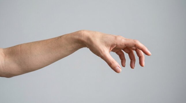 Close up of a human arm and hand reaching out with relaxed fingers against a plain gray background.