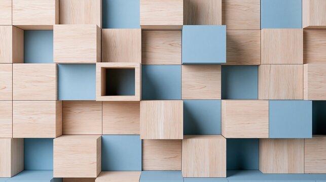 Alternating staggered light natural wood cube and soft blue square blocks wall panel with one open recessed empty space creates modern textured interior decor
