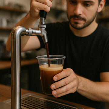 Plano medio de un barista sirviendo caf&eacute; de extracci&oacute;n en fr&iacute;o (cold brew) en una taza desde un grifo de nitr&oacute;geno, con la bandeja de goteo &mdash;que recoge peque&ntilde;as salpicaduras&mdash; en segundo plano y desenf