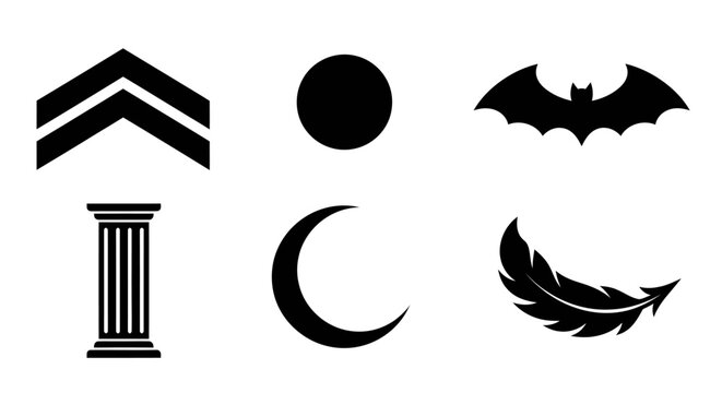 Gothic black vector icons set with moon, bat, pillar, and feather