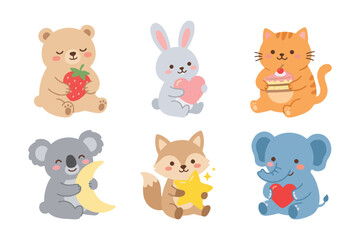 Obraz premium Cute nursery animal characters holding sweet treats and hearts set vector illustration