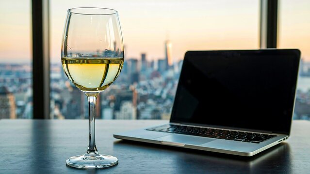 Glass of white wine beside laptop with city skyline during sunset