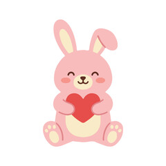 Fototapeta premium Cute pink bunny rabbit sitting and holding a red heart vector illustration