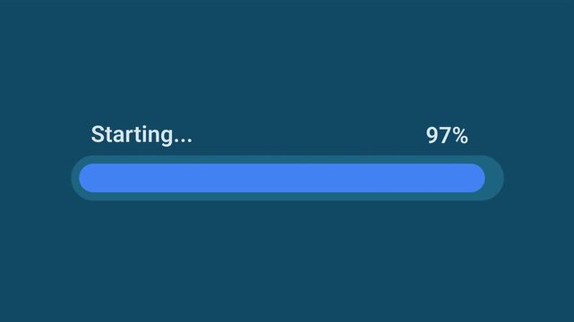 Animated motion graphics showing a blue progress bar starting up to 97 percent over a transparent alpha channel background. Represents a system startup, initialization, or setup process.