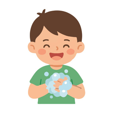 Cute little boy washing hands with soapy bubbles vector illustration