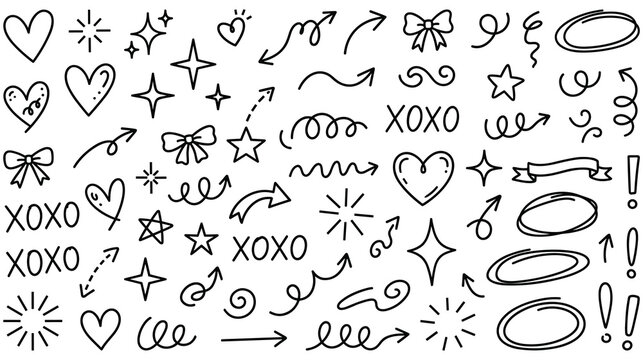 Set of hand drawn doodle design elements cute heart bow star arrow xoxo.