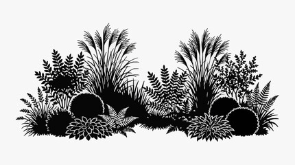 Detailed black and white illustration of dense fern foliage. © Kona