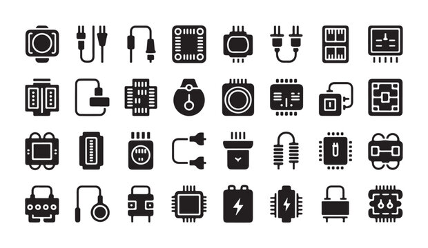 Set of electrical and electronic components icons for hardware engineering design projects.