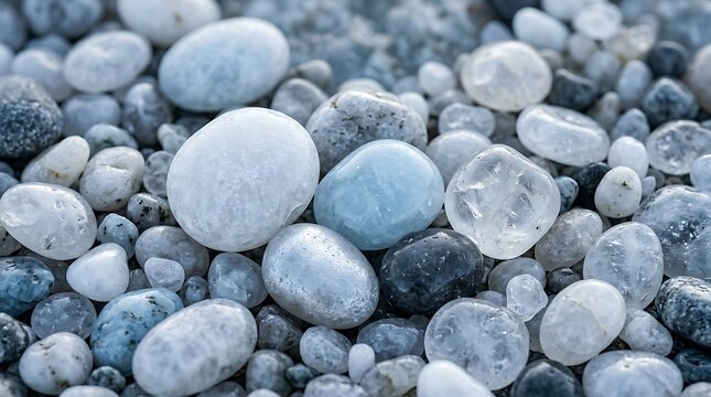 A close up of smooth, polished white and light grey river pebbles, creating a bright, clean, and uniform natural stone texture for backgrounds