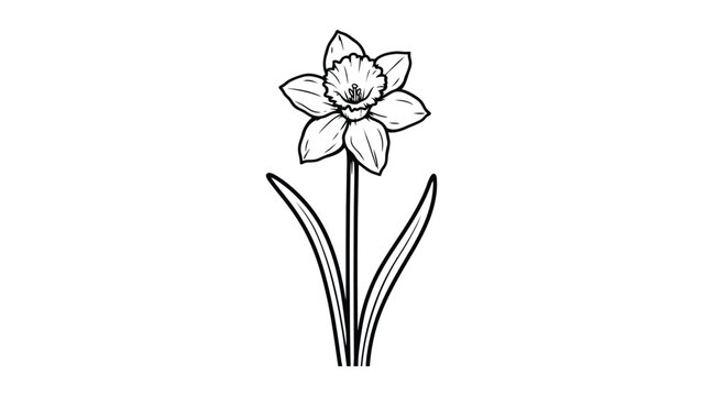 Black and white of a single daffodil flower with leaves line single flower