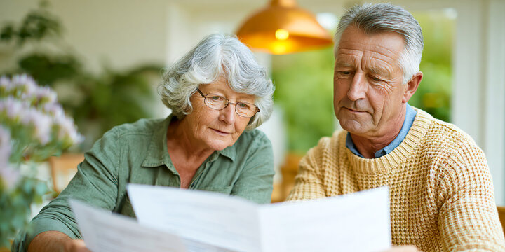 Senior couple sitting closely together at home reviewing a printed financial document under warm lamp light, reflecting retirement planning, shared savings goals and thoughtful later life decisions.