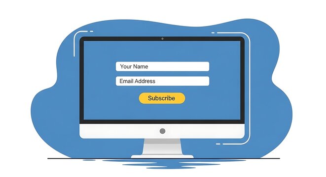 A computer monitor displays a newsletter sign-up form on its screen.