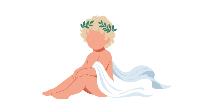 Adorable baby cupid with a laurel wreath sitting gracefully, inspired by classical Roman and Greek mythology.
