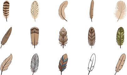 Boho feather vector illustration set featuring tribal ethnic patterns native bird plumes and rustic graphic design elements © ALOMGIR