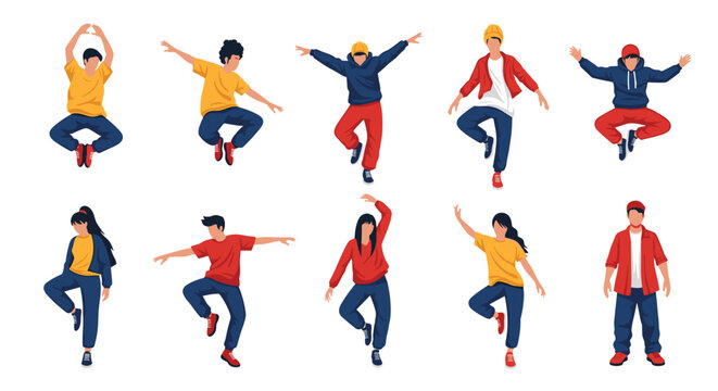 Collection of ten hip hop and street dancers in active energetic poses isolated on a clean plain white background.