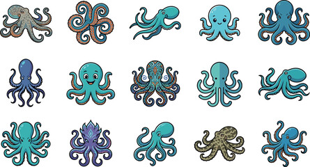 Blue octopus marine creature vector illustration set featuring cute cartoon characters kraken icons and ornate tribal designs © ALOMGIR