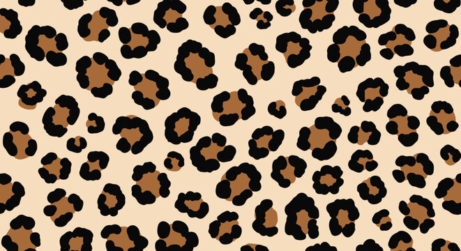Seamless leopard pattern with black and brown spots on a light beige background representing wild animal fur print.