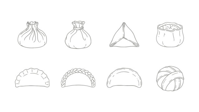 Various asian food in black and white on a transparent background
