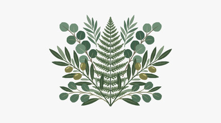 Detailed botanical illustration of fern and eucalyptus leaves. © Topan