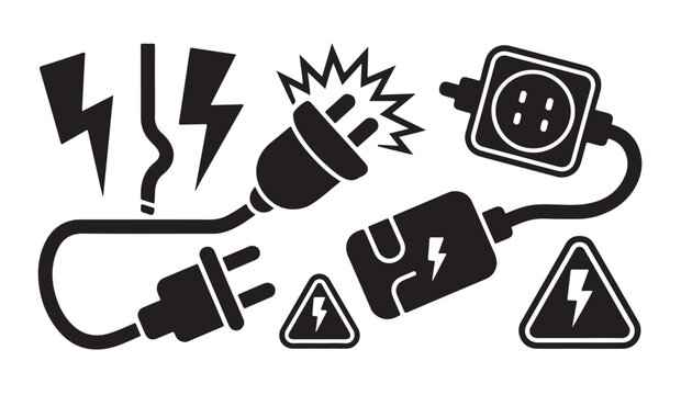 Dangerous electricity failure icons with sparks plugs and warning signs for safety design.