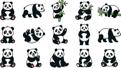 Cute giant panda bear vector illustration set featuring walking climbing eating bamboo and playful wildlife cartoon characters © ALOMGIR