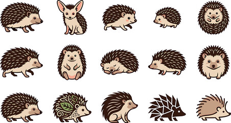 Cute hedgehog vector illustration set featuring various sweet spiky animals porcupine characters and stylized wildlife icons © ALOMGIR