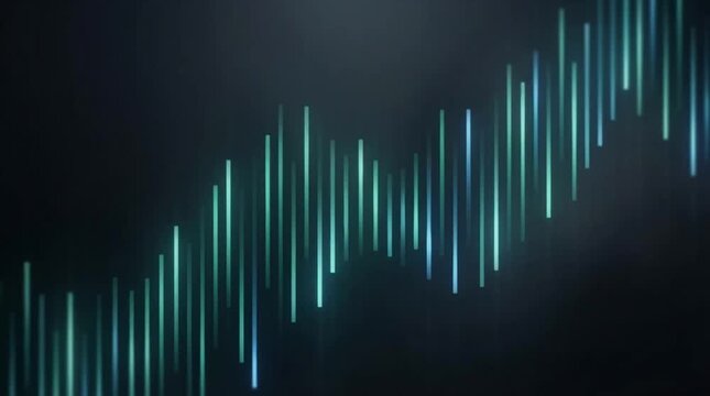 Abstract waveform line pattern on dark background with teal light and blue glow, digital signal graph, futuristic modern minimal design, rising trend, abstract light bars, vibrant digital chart
