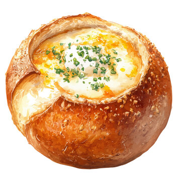 Chowder Bread Bowl, isolated watercolor element on white background