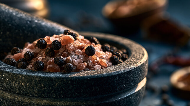 Black peppercorns and pink himalayan salt in a dark stone mortar with peppercorns, seasoning