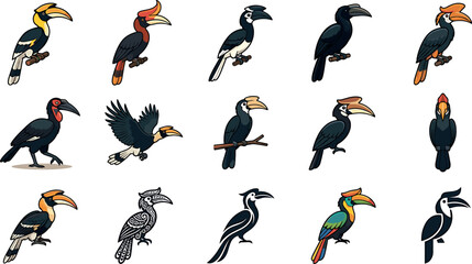 Exotic hornbill bird vector illustration set featuring various tropical wildlife species silhouettes flying and perched icons © ALOMGIR