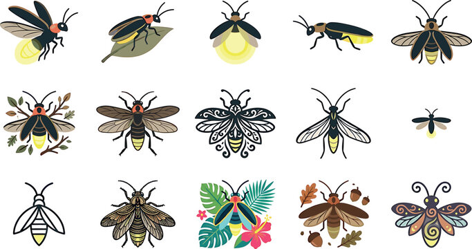 Firefly and lightning bug vector illustrations set featuring glowing insects nocturnal beetles and stylized glowing nature icons