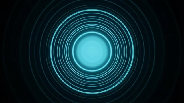 Abstract blue concentric circle ring glowing light tunnel seamless loop, turquoise abstract tunnel with glowing ring light and dark background, futuristic motion design with glowing center