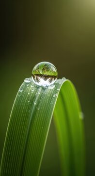 A single crystal clear dewdrop rests on a vibrant green blade of grass, captured with a shallow focus and a soft blurred forest background, aperture, focus, reflection