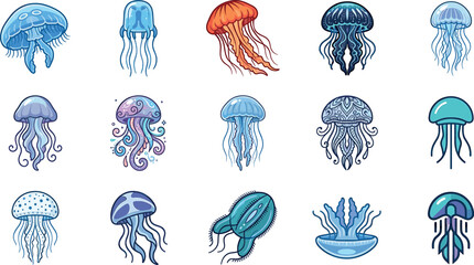 Jellyfish sea life vector illustration set featuring various colorful marine invertebrates tentacles aquatic wildlife and ocean icons © ALOMGIR