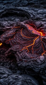 Dark volcanic rocks form a complex network of fissures and cooling patterns, highlighting the natural geological beauty of ancient flows, landscape, rugged, grey