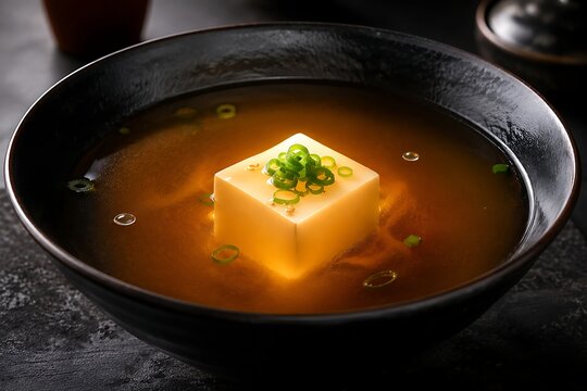 A single perfectly formed silken tofu cube gently steeps within a rich amber broth garnished with vibrant green scallions evoking a sense of serene culinary tradition and nourishing simplicity for Asi