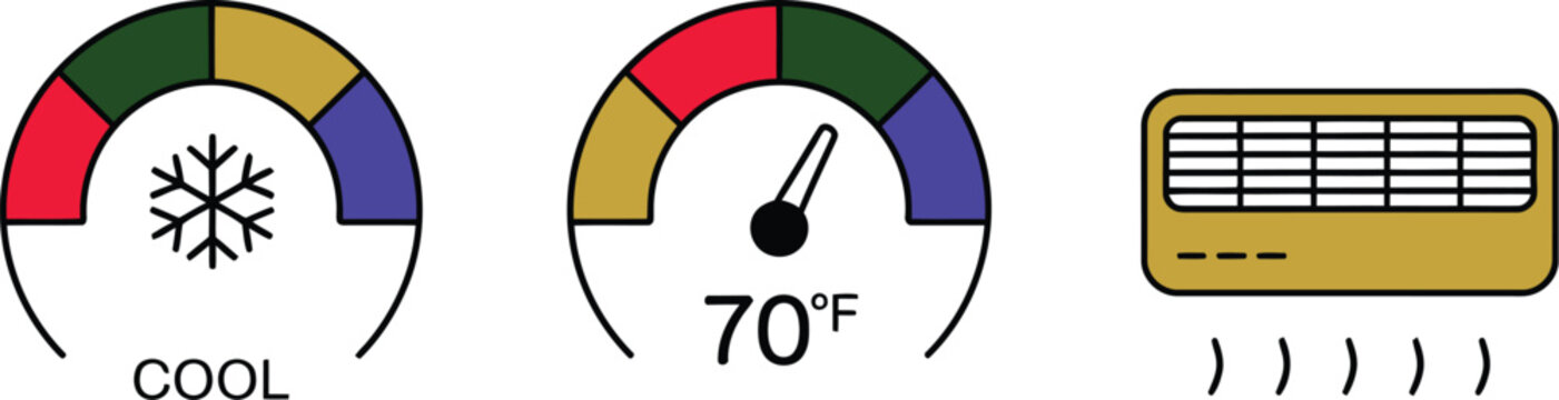 Air conditioner control panel icons featuring temperature gauge dials snowflake cooling sign and ventilation climate controller unit vector illustration.