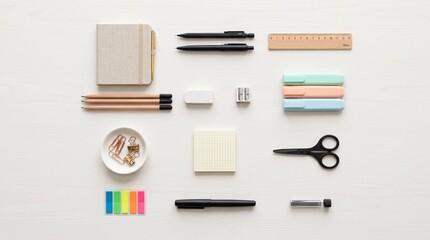 Fototapeta premium Flat lay school supplies arranged on white background. Top view stationery essentials for students and teachers.