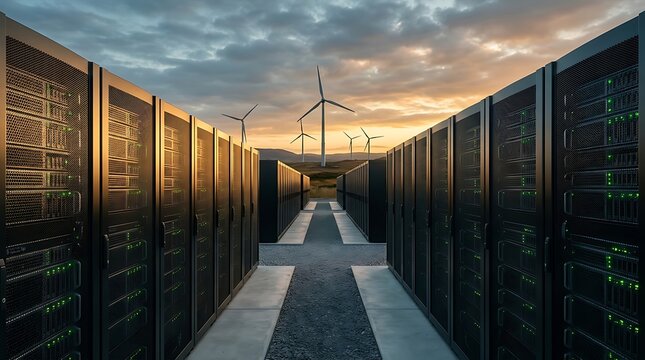 Data Center Rows with Wind Turbines in the Background Under a Dramatic Sunset Sky