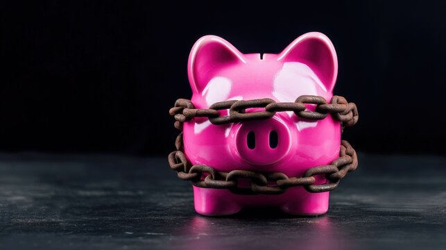 Pink ceramic piggy bank bound with heavy iron chains. Concept of frozen assets, debt, or financial security