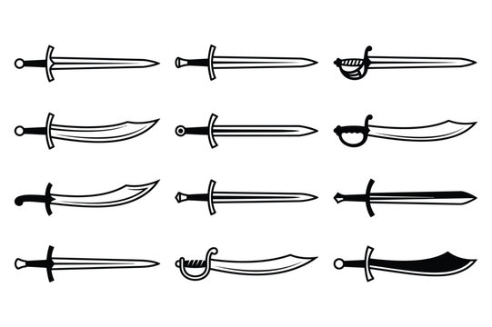 Collection of various sword and saber weapon icons in black and white
