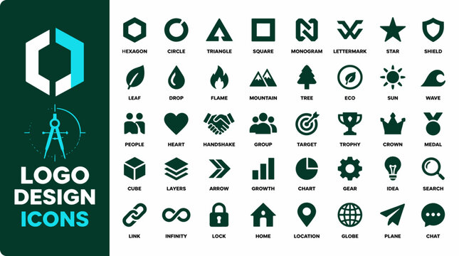 Logo design icons collection featuring geometric symbols and shapes.